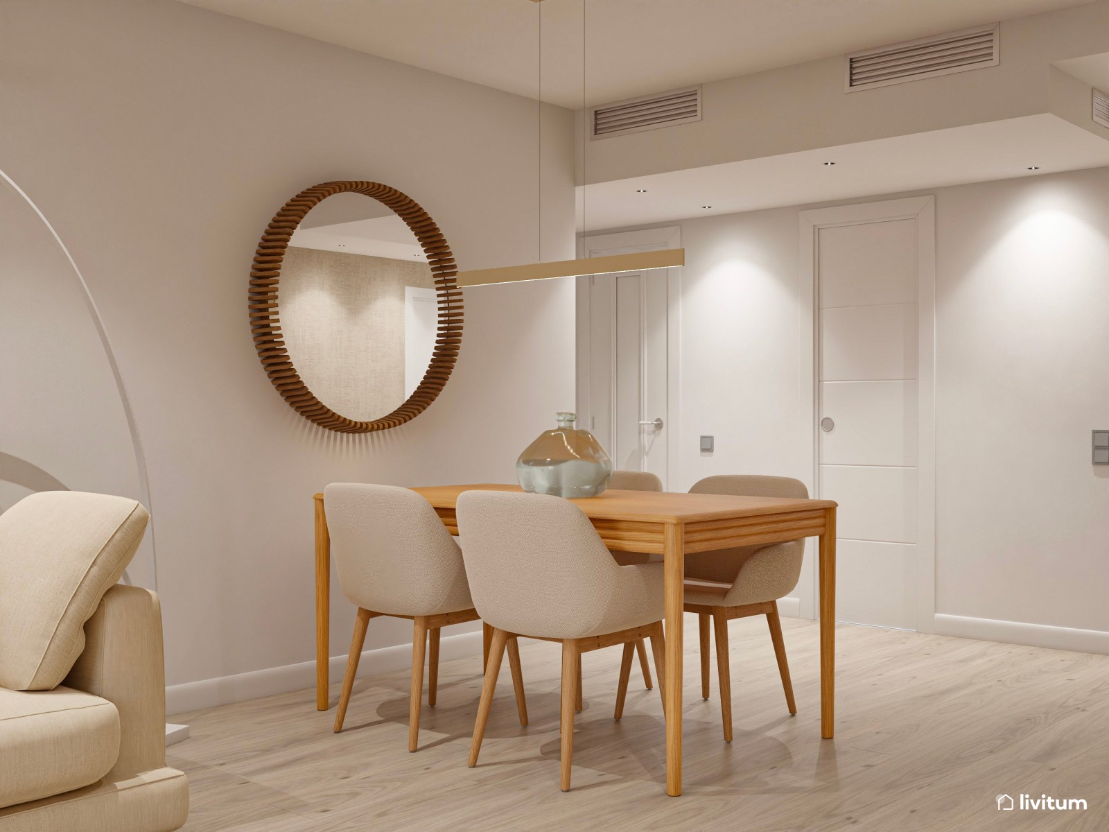 Salón alargado minimalista con detalles nórdicos y mobiliario de madera