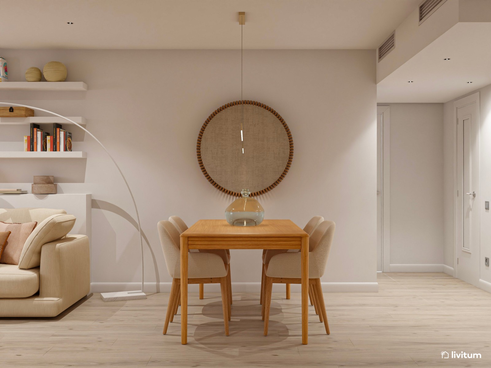 Salón alargado minimalista con detalles nórdicos y mobiliario de madera