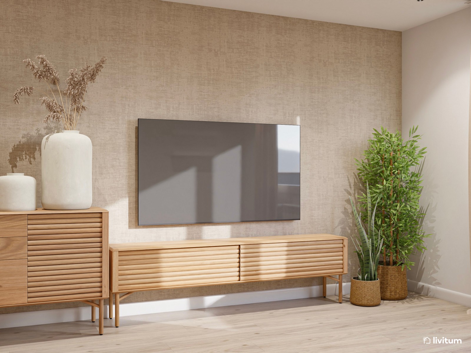 Salón alargado minimalista con detalles nórdicos y mobiliario de madera