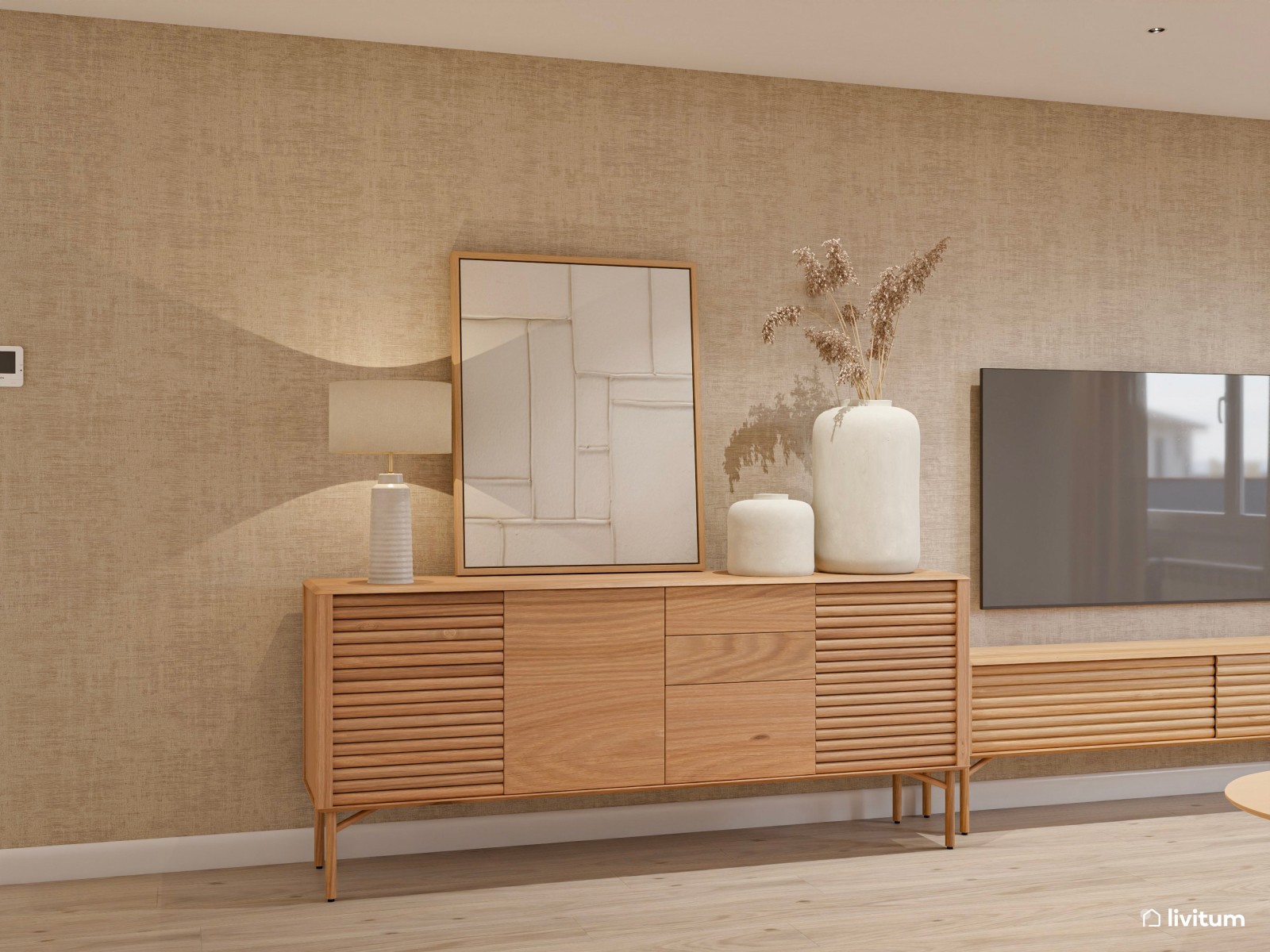 Salón alargado minimalista con detalles nórdicos y mobiliario de madera