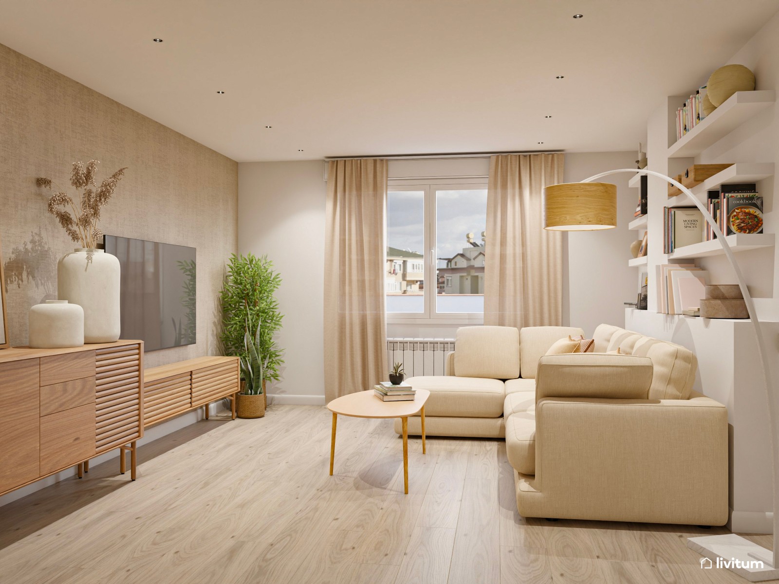 Salón alargado minimalista con detalles nórdicos y mobiliario de madera