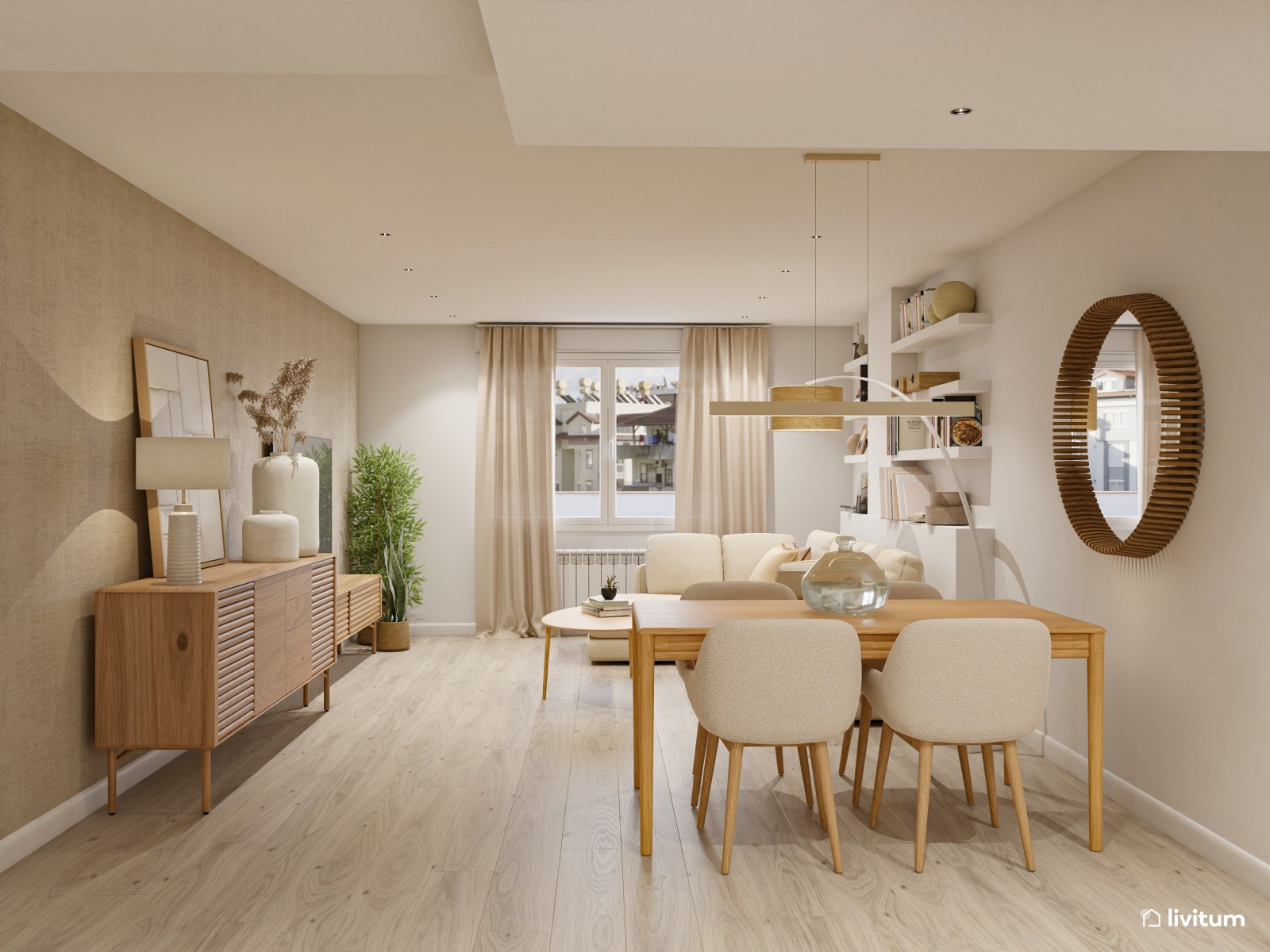 Salón alargado minimalista con detalles nórdicos y mobiliario de madera