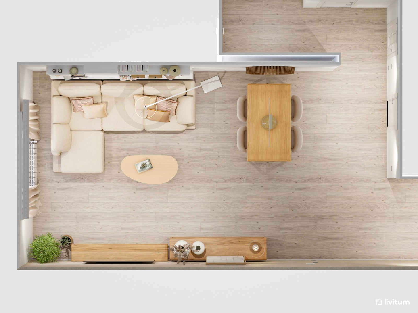 Salón alargado minimalista con detalles nórdicos y mobiliario de madera
