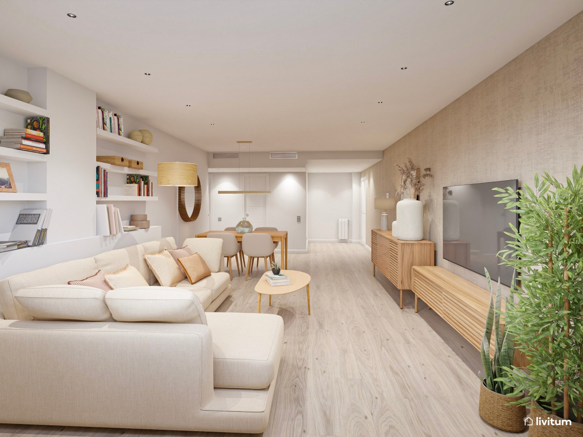 Salón alargado minimalista con detalles nórdicos y mobiliario de madera