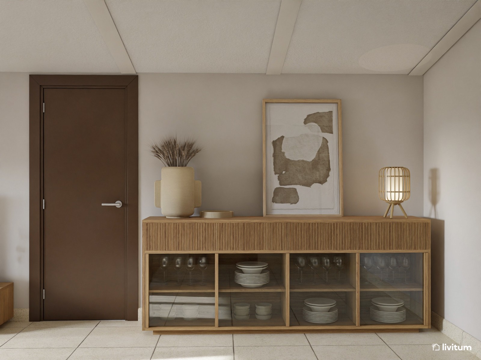 Salón alargado y rústico bajo techo abuhardillado y diseñado en madera clara 