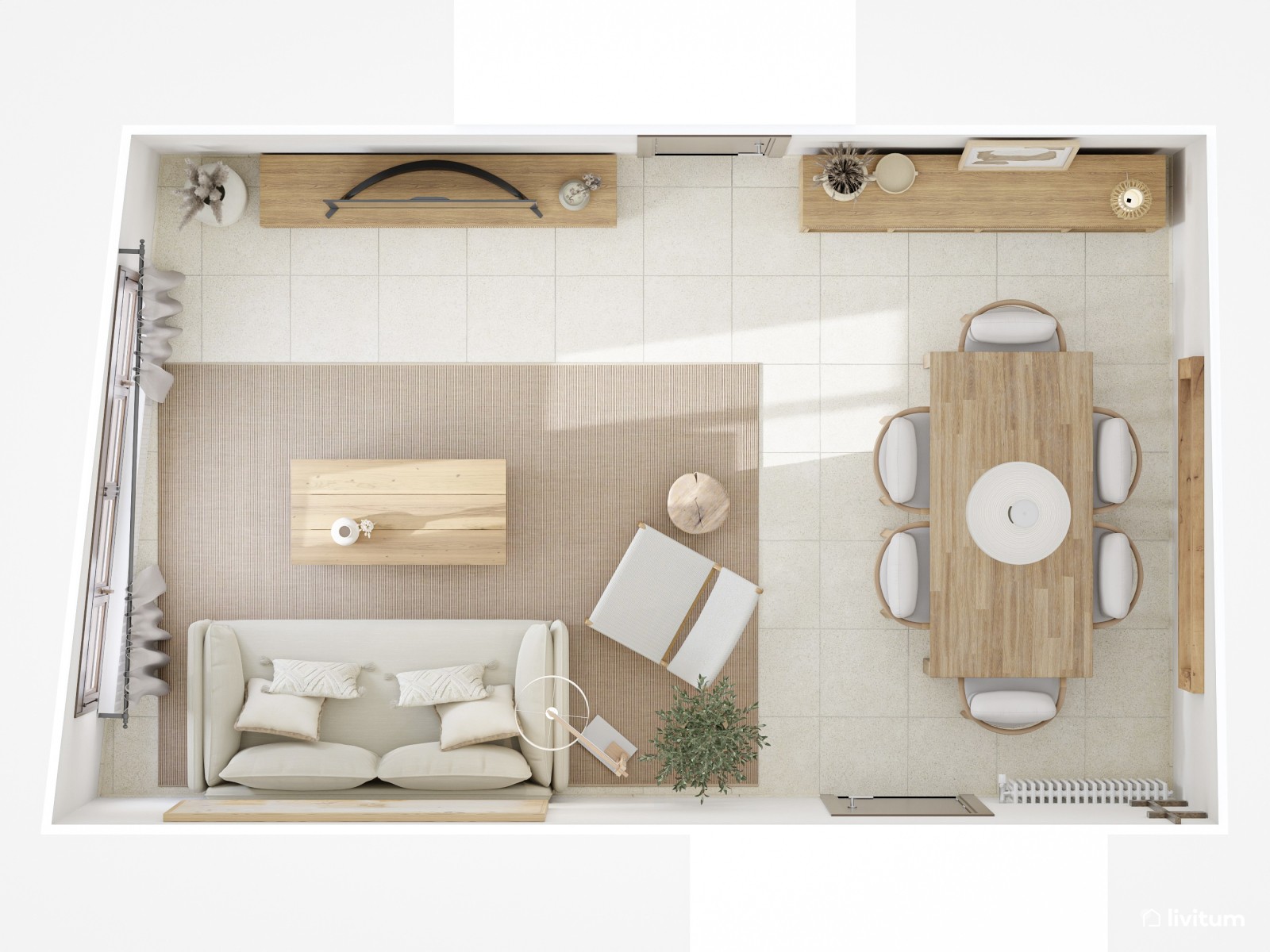 Salón alargado y rústico bajo techo abuhardillado y diseñado en madera clara 