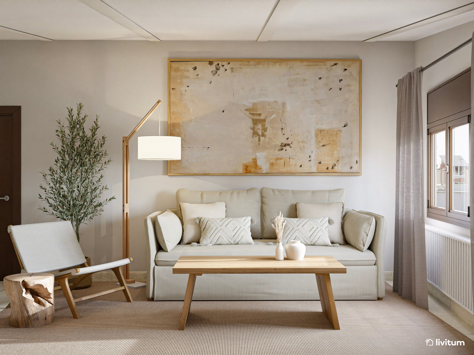 Salón alargado y rústico bajo techo abuhardillado y diseñado en madera clara 