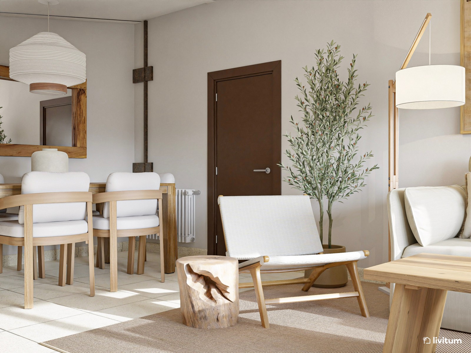 Salón alargado y rústico bajo techo abuhardillado y diseñado en madera clara 