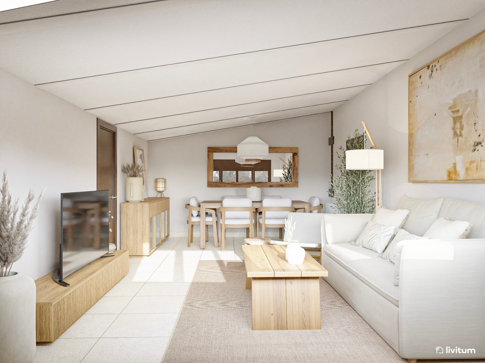 Salón alargado y rústico bajo techo abuhardillado y diseñado en madera clara 