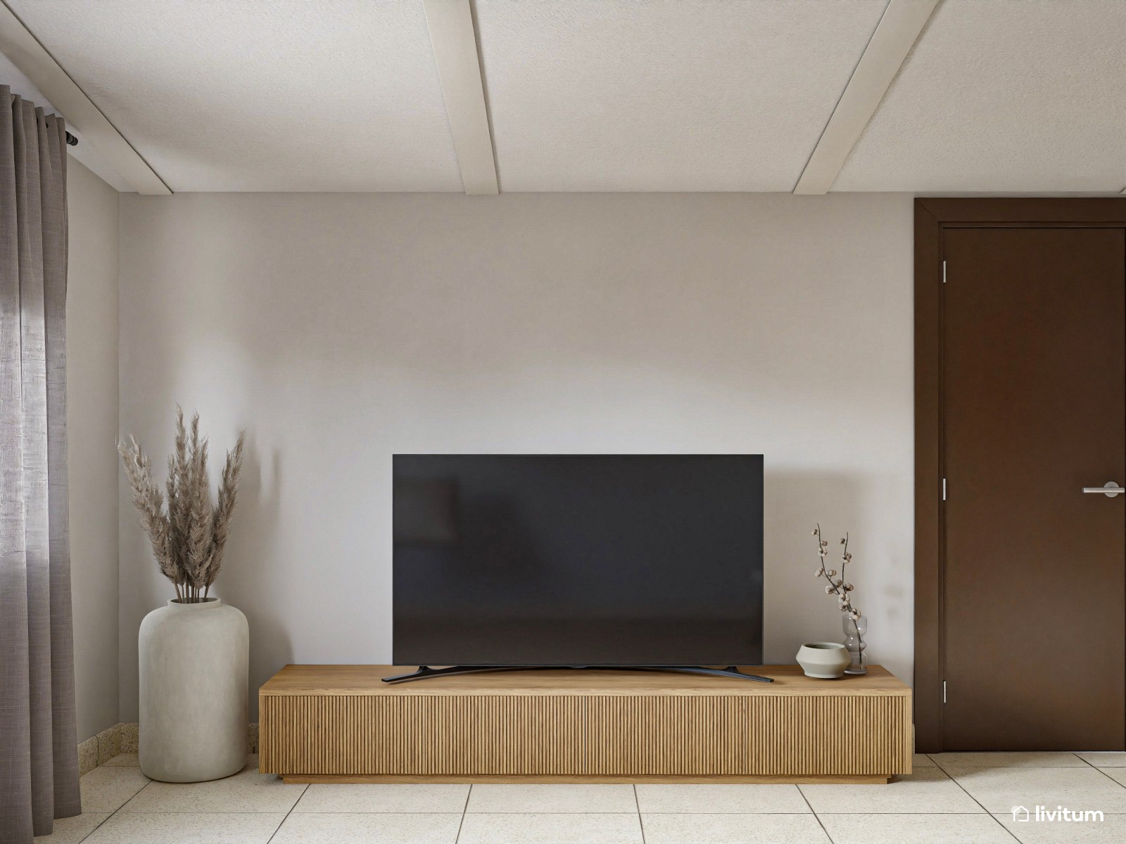 Salón alargado y rústico bajo techo abuhardillado y diseñado en madera clara 