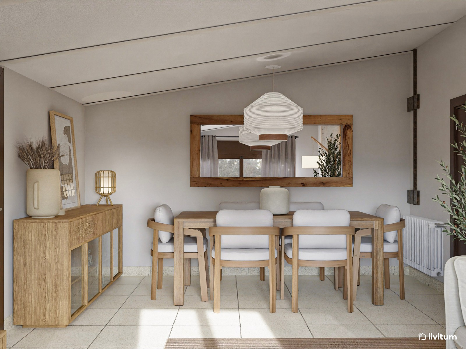 Salón alargado y rústico bajo techo abuhardillado y diseñado en madera clara 