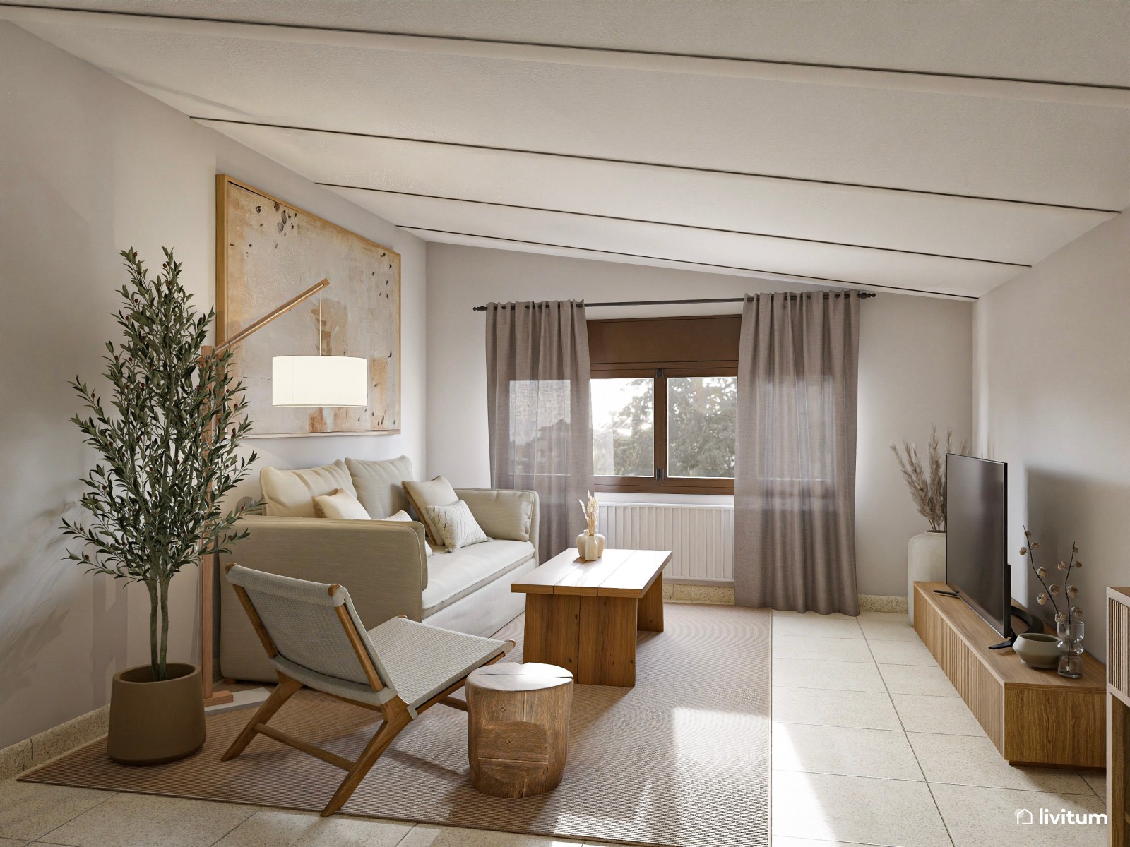 Salón alargado y rústico bajo techo abuhardillado y diseñado en madera clara 