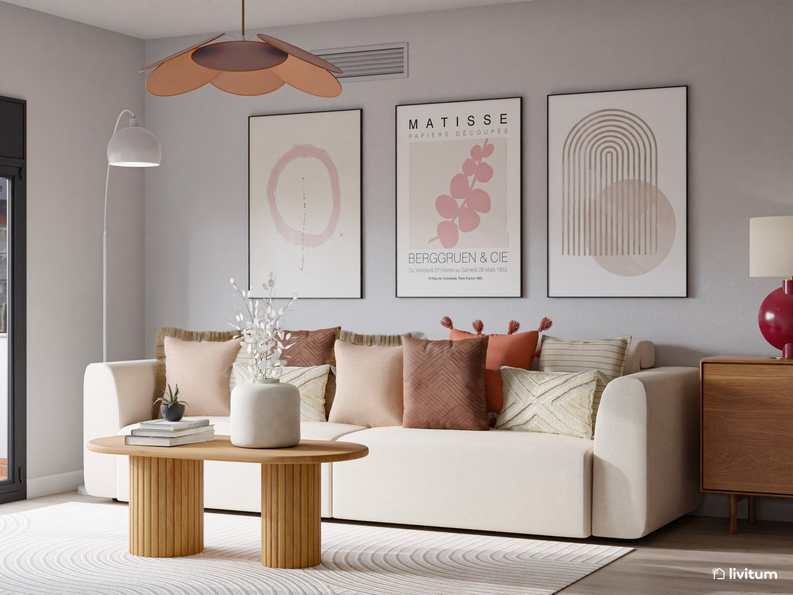 Salón alegre y colorido en madera, blanco y terracota 