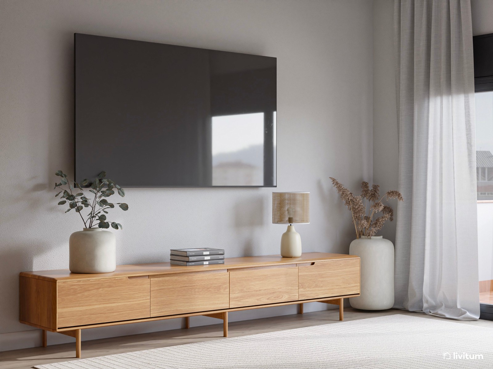 Salón alegre y colorido en madera, blanco y terracota 