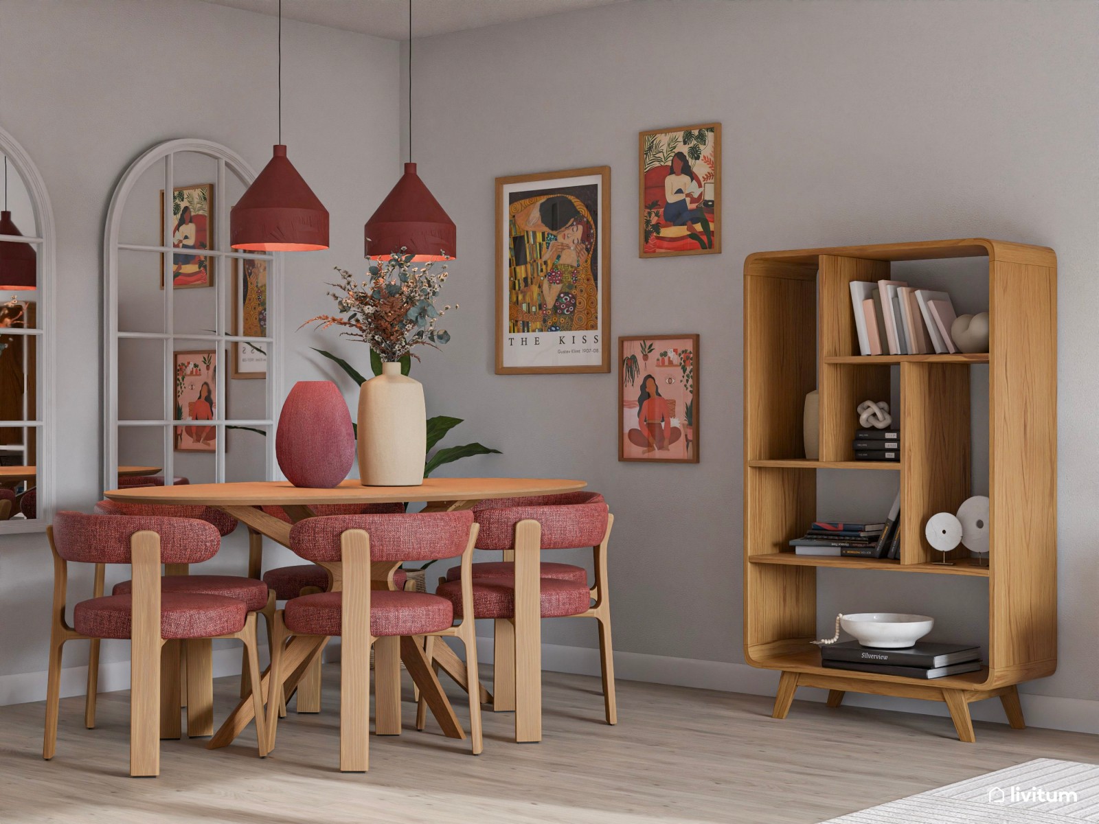 Salón alegre y colorido en madera, blanco y terracota 