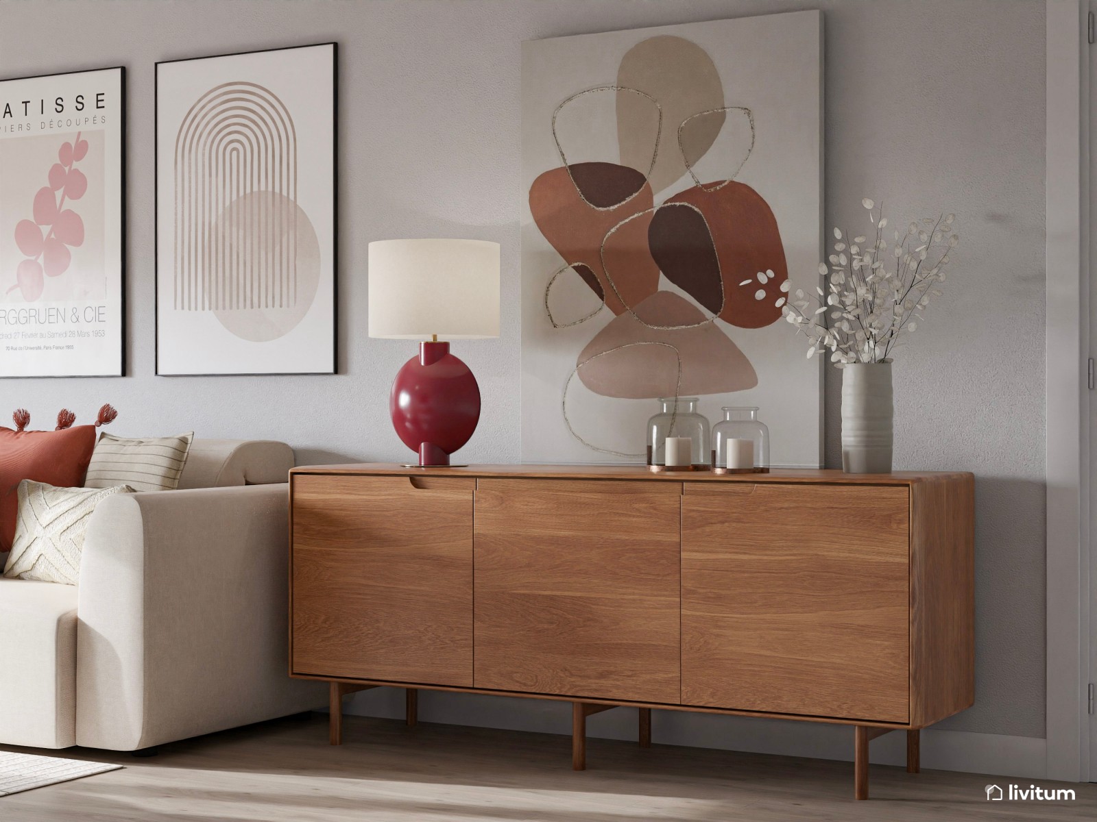 Salón alegre y colorido en madera, blanco y terracota 