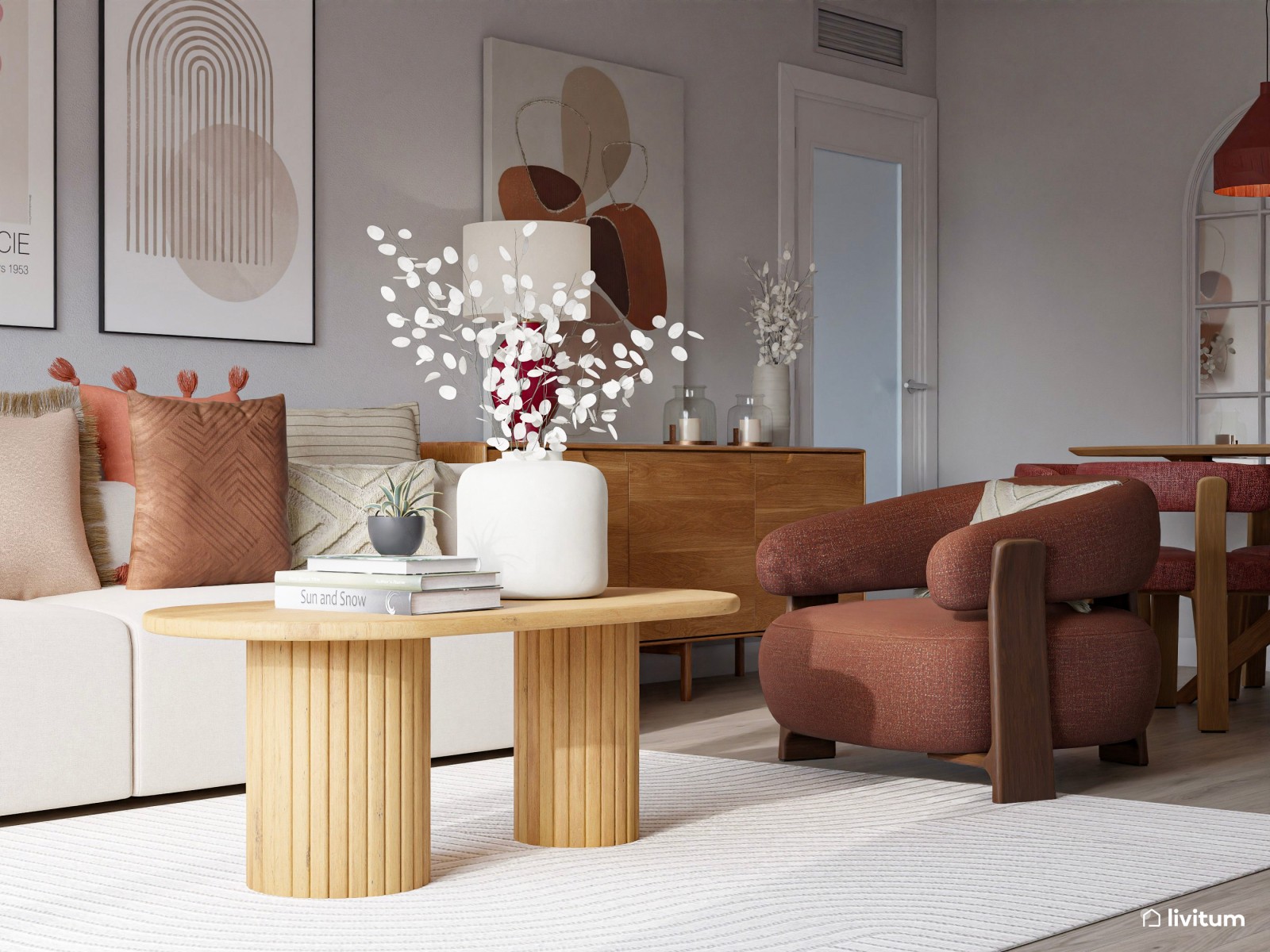 Salón alegre y colorido en madera, blanco y terracota 