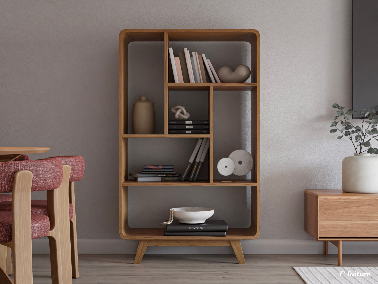 Salón alegre y colorido en madera, blanco y terracota 