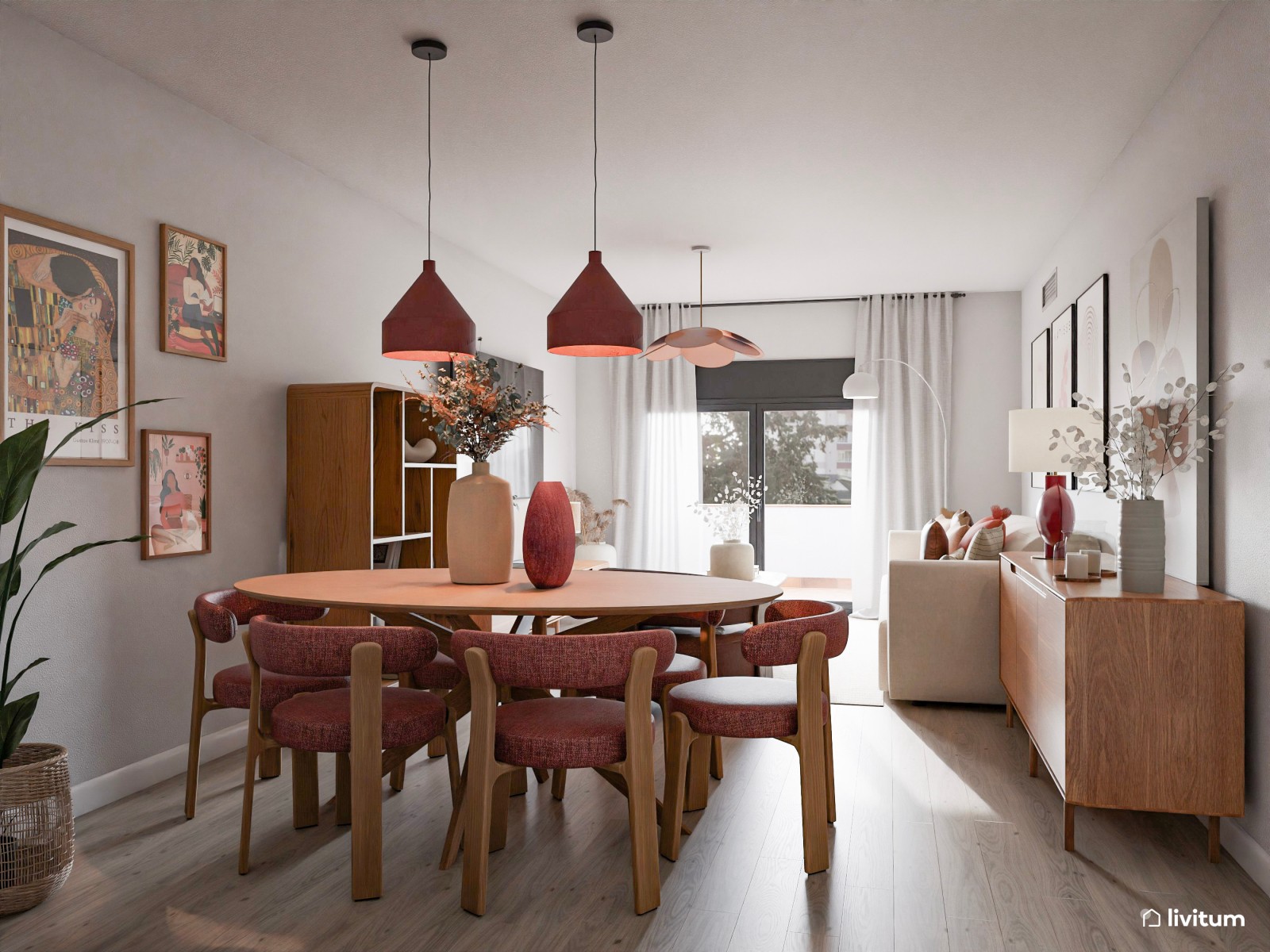 Salón alegre y colorido en madera, blanco y terracota 