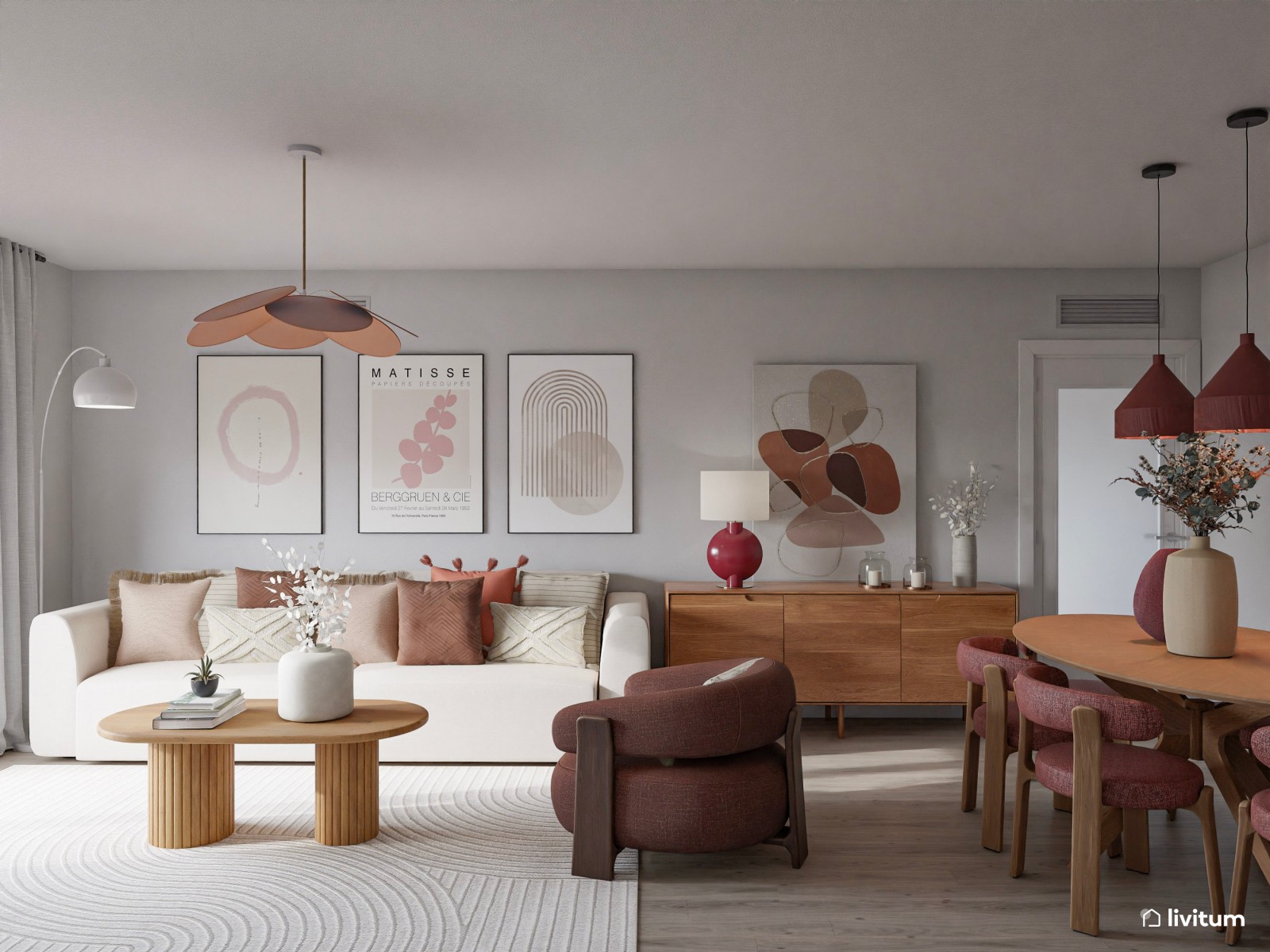 Salón alegre y colorido en madera, blanco y terracota 