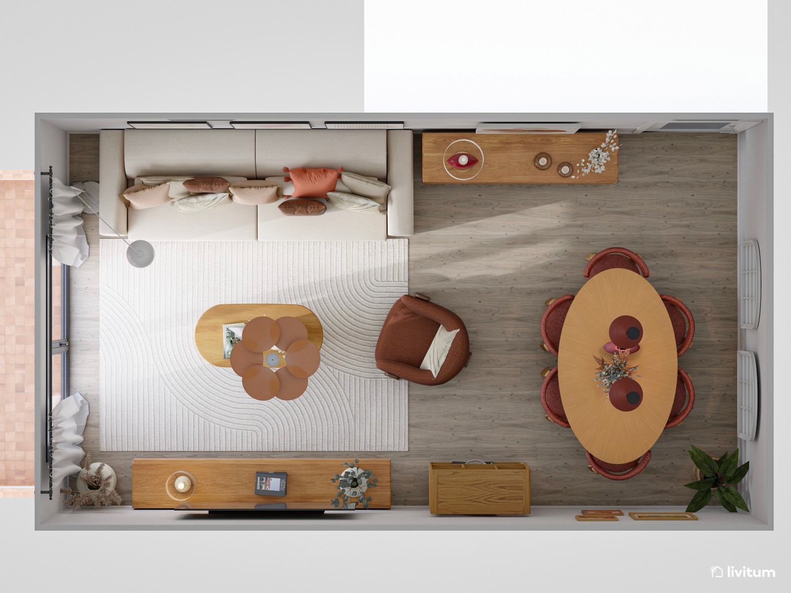 Salón alegre y colorido en madera, blanco y terracota 