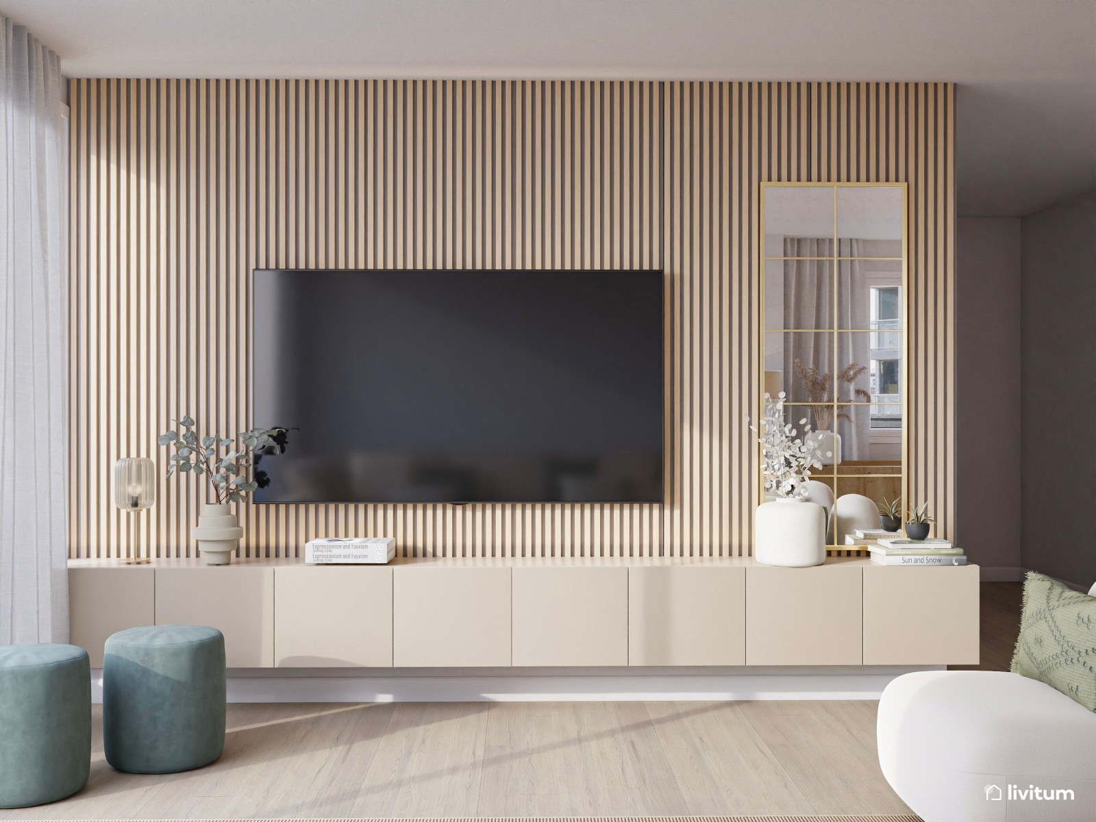 Salón amplio con líneas curvas, tonos suaves y comedor en verde y madera