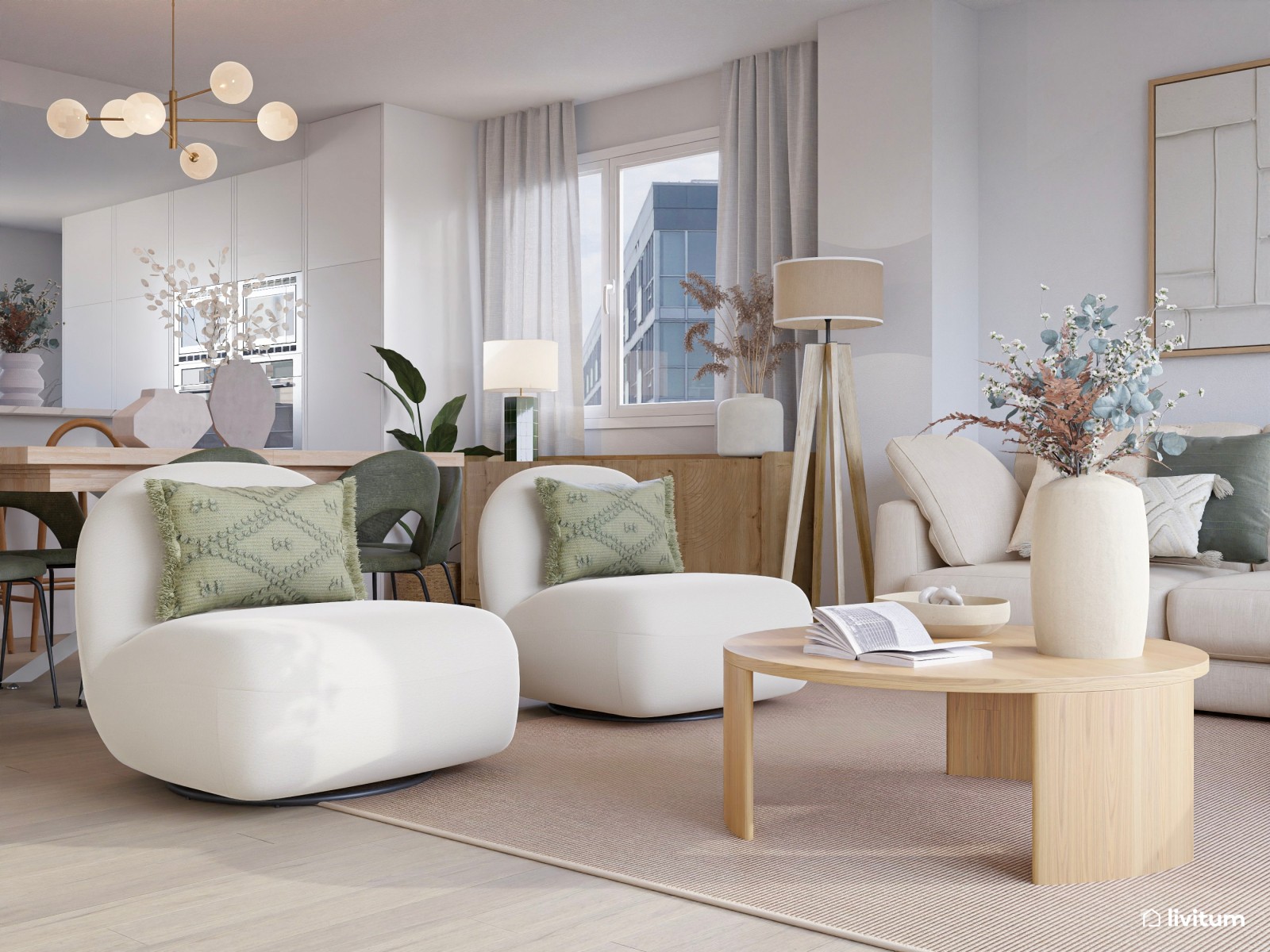 Salón amplio con líneas curvas, tonos suaves y comedor en verde y madera