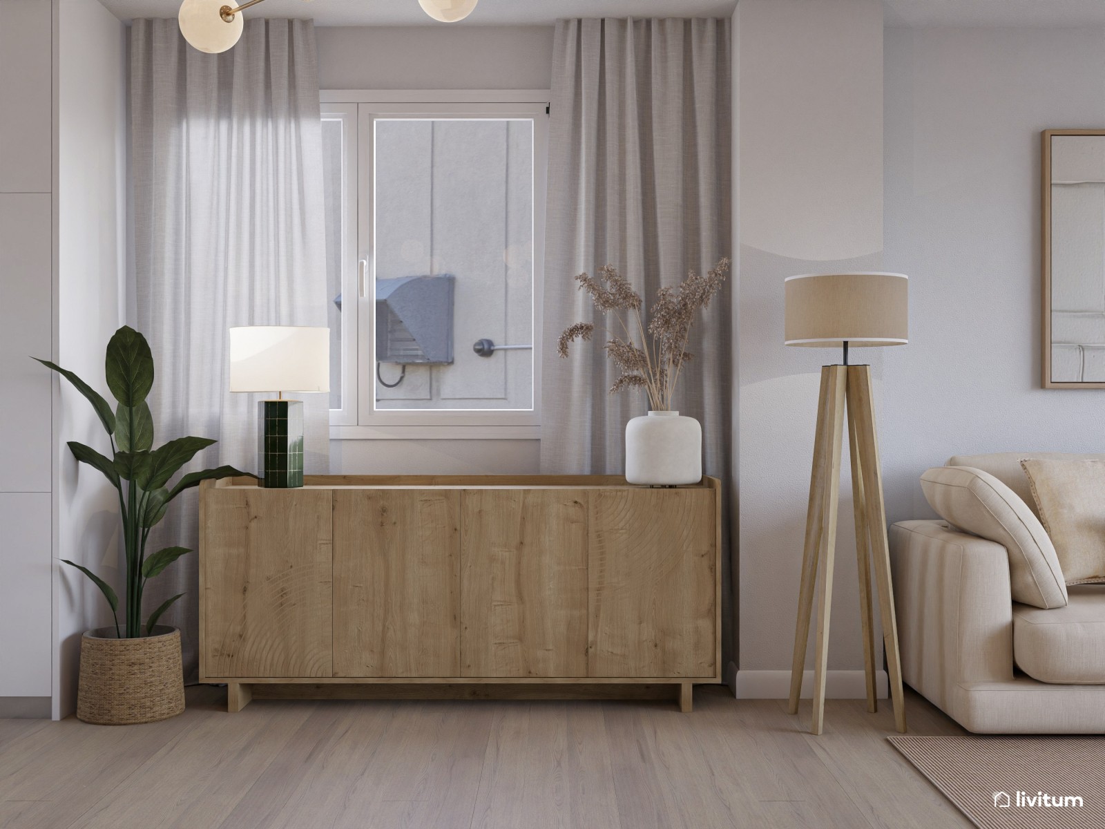 Salón amplio con líneas curvas, tonos suaves y comedor en verde y madera