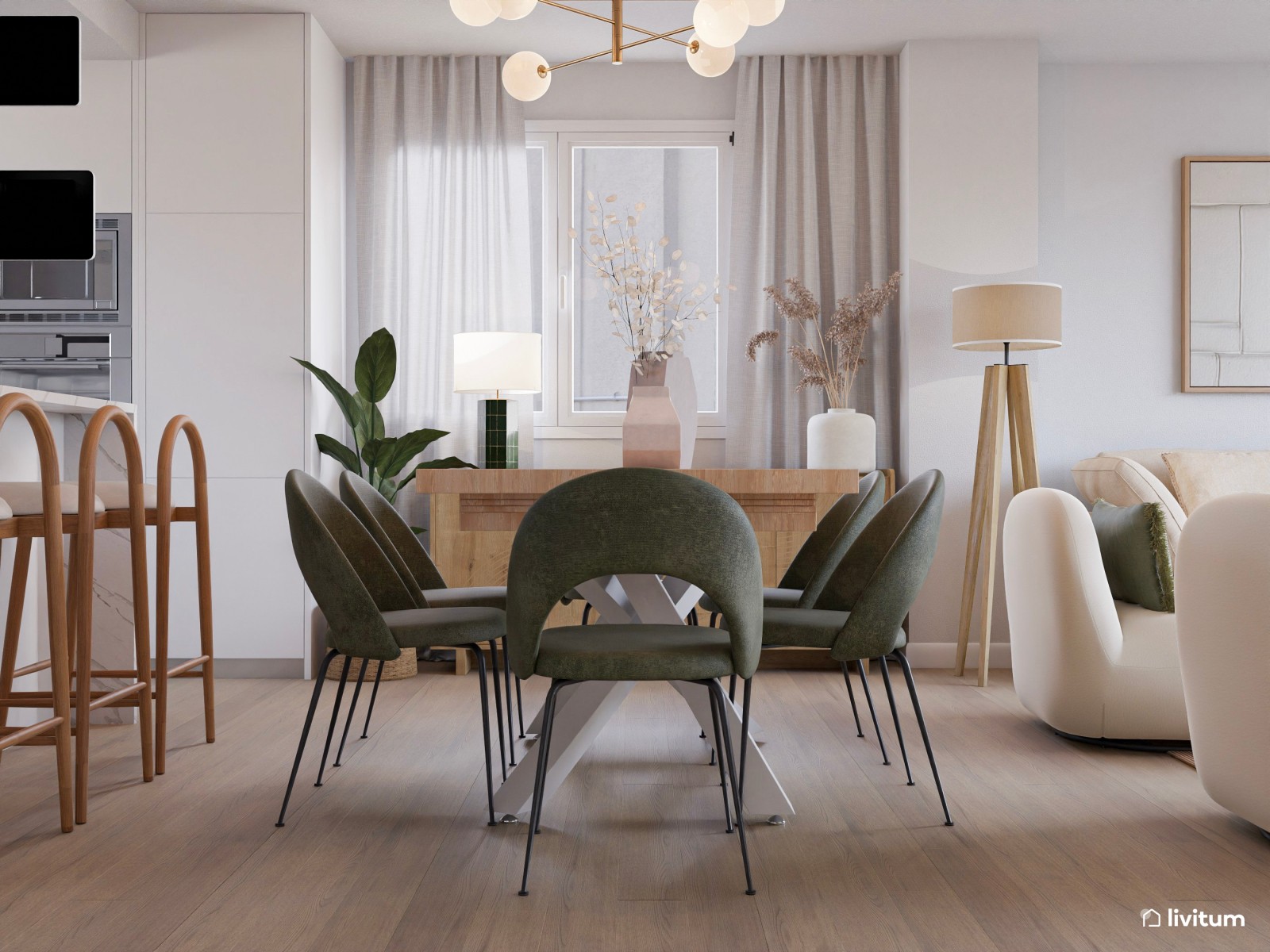 Salón amplio con líneas curvas, tonos suaves y comedor en verde y madera