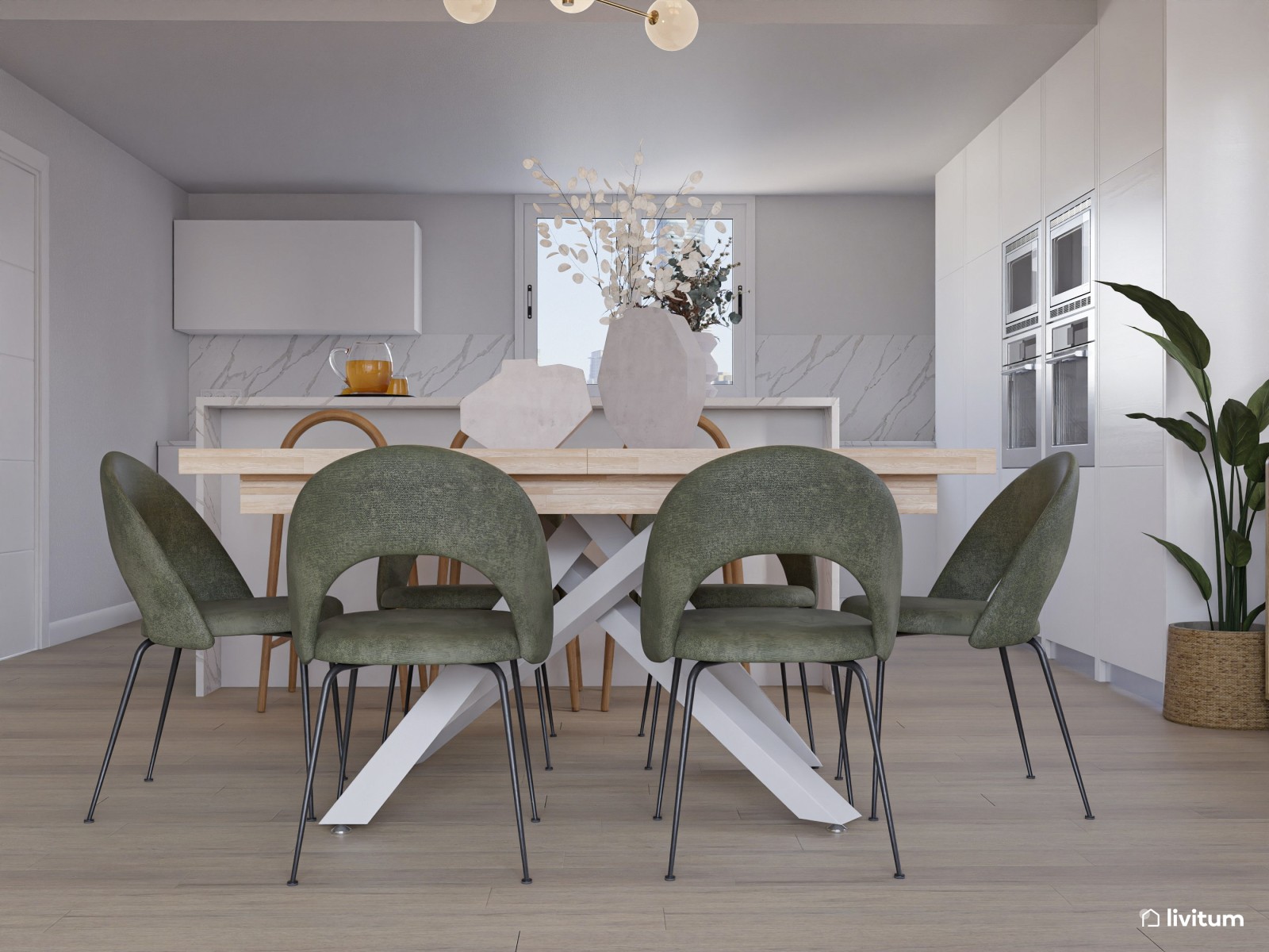 Salón amplio con líneas curvas, tonos suaves y comedor en verde y madera