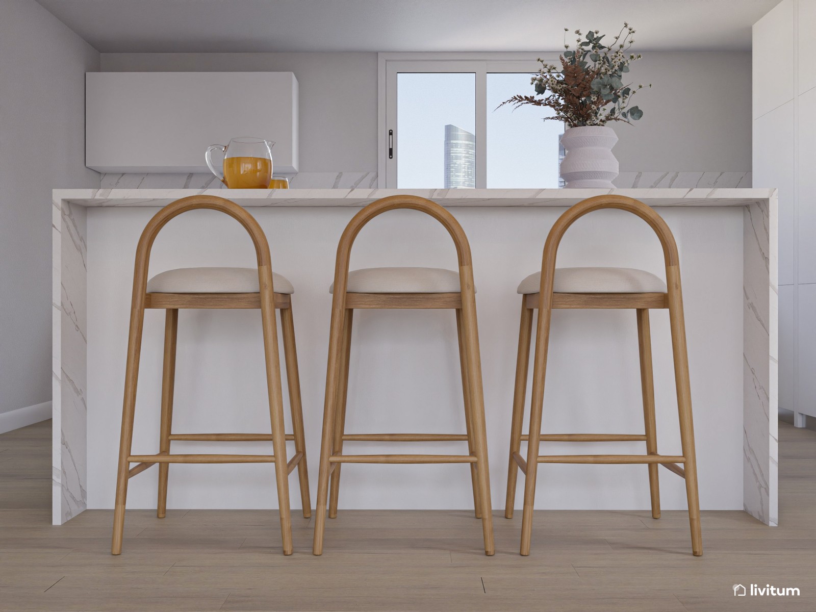 Salón amplio con líneas curvas, tonos suaves y comedor en verde y madera