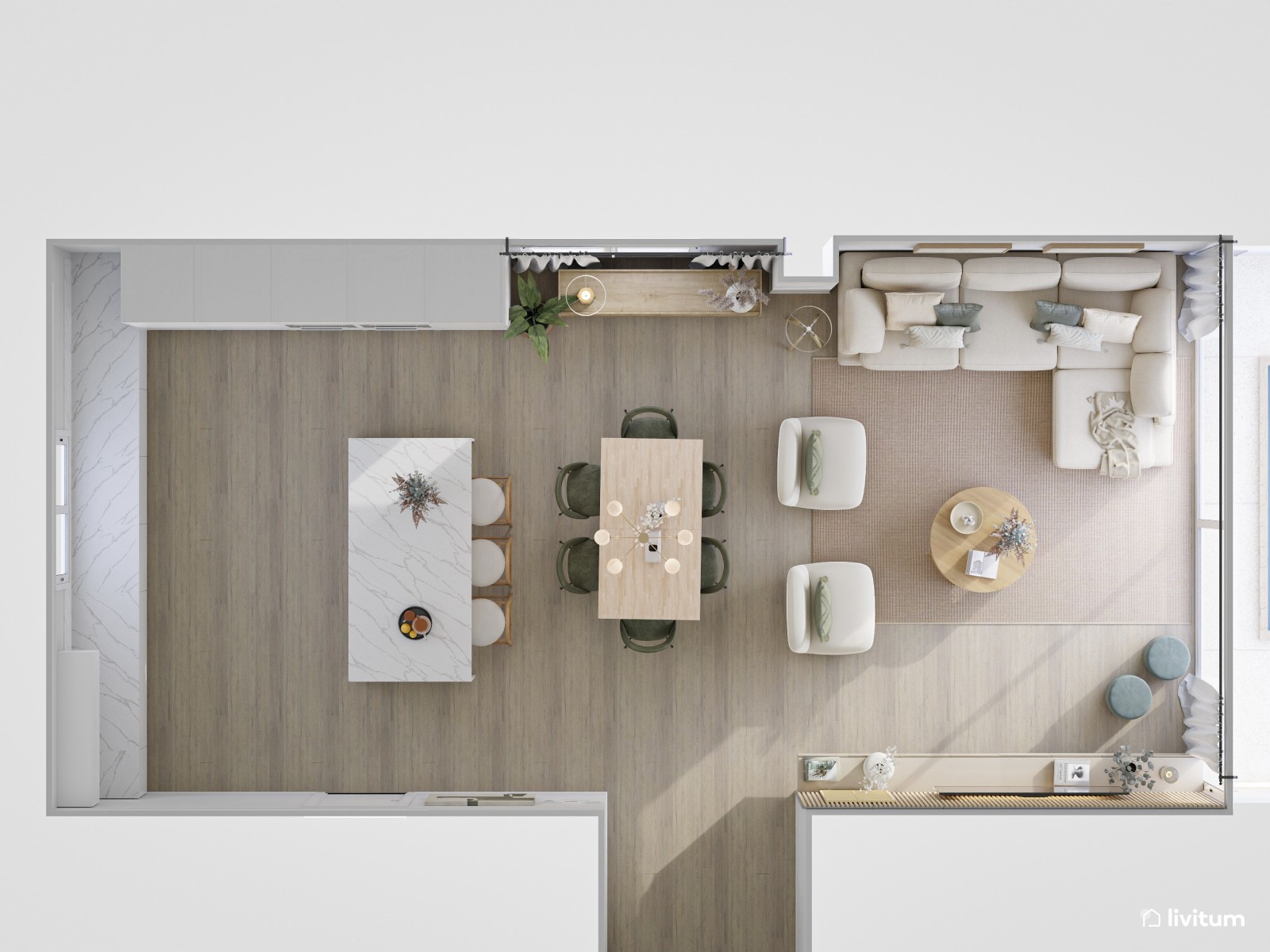 Salón amplio con líneas curvas, tonos suaves y comedor en verde y madera