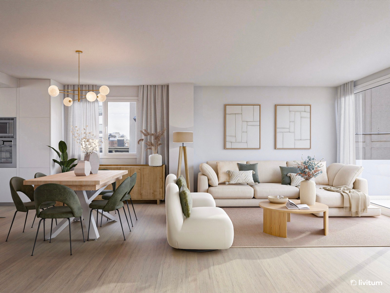 Salón amplio con líneas curvas, tonos suaves y comedor en verde y madera