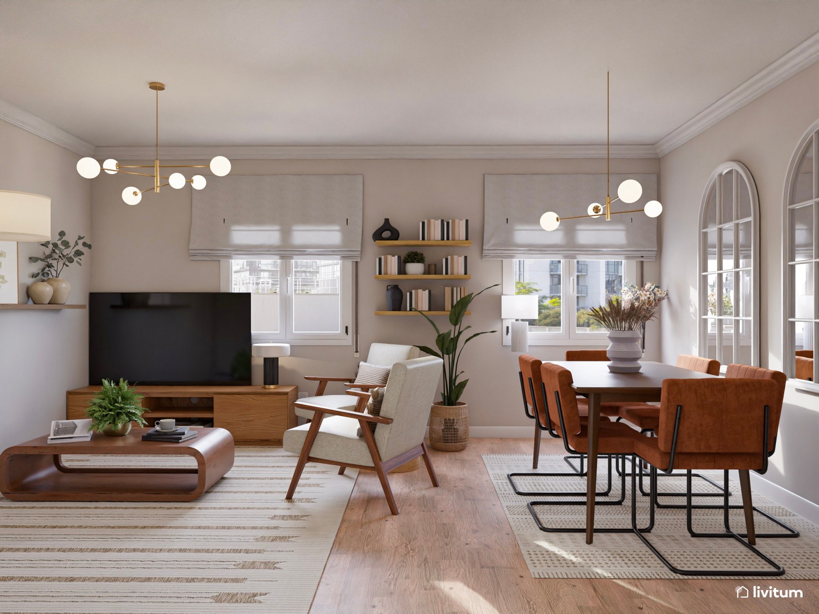 Salón amplio de inspiración natural y toques mid-century