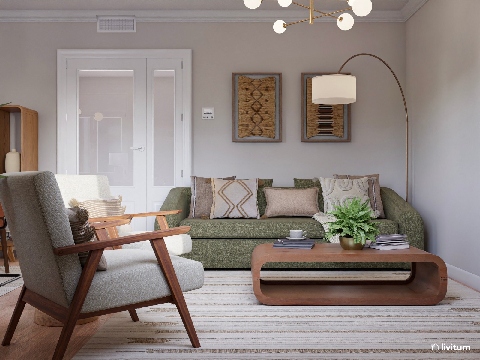 Salón amplio de inspiración natural y toques mid-century