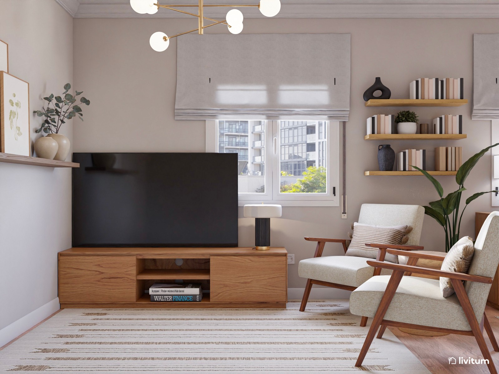 Salón amplio de inspiración natural y toques mid-century