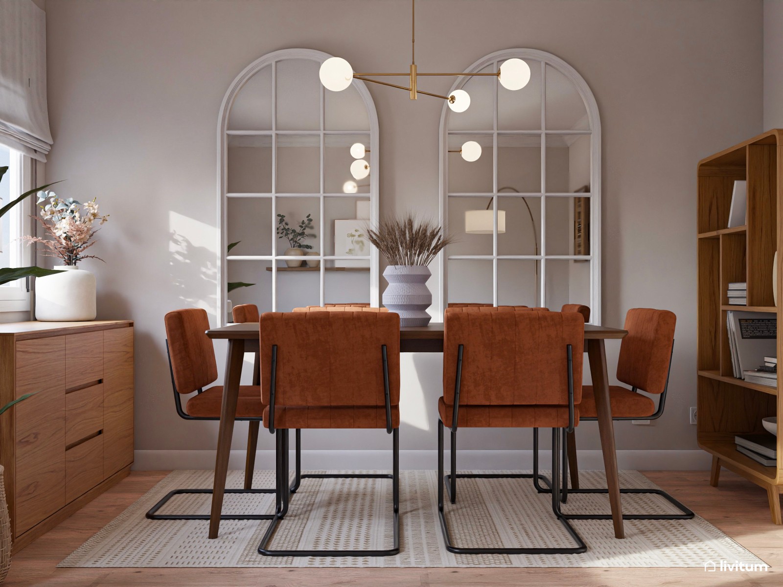 Salón amplio de inspiración natural y toques mid-century