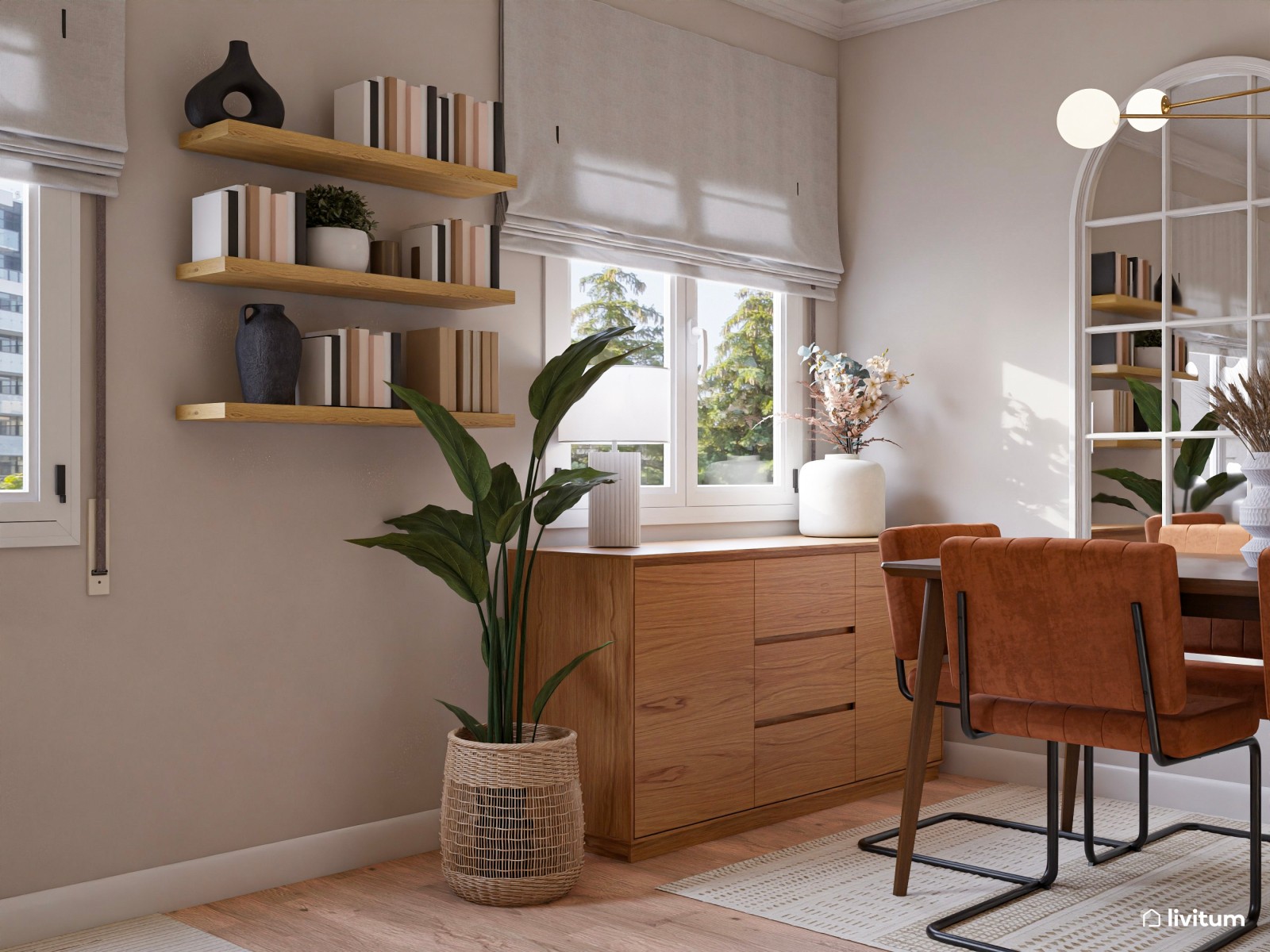 Salón amplio de inspiración natural y toques mid-century