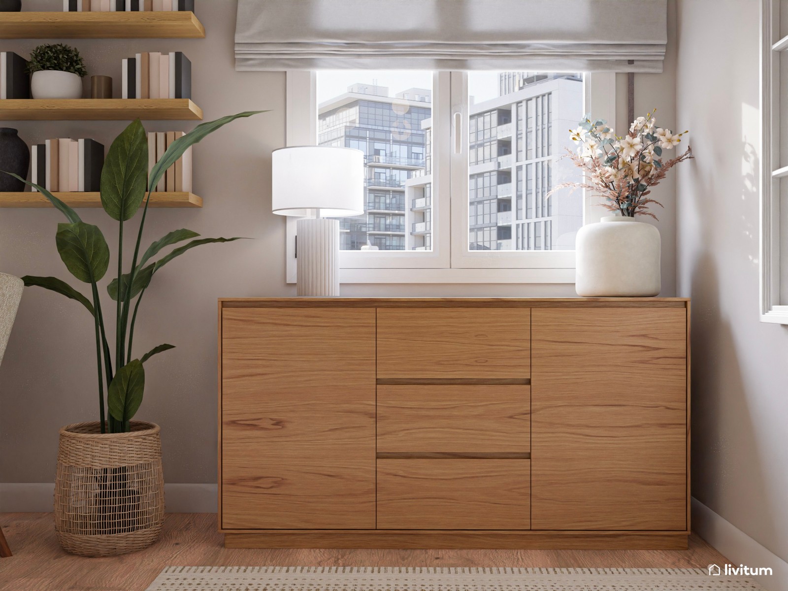 Salón amplio de inspiración natural y toques mid-century