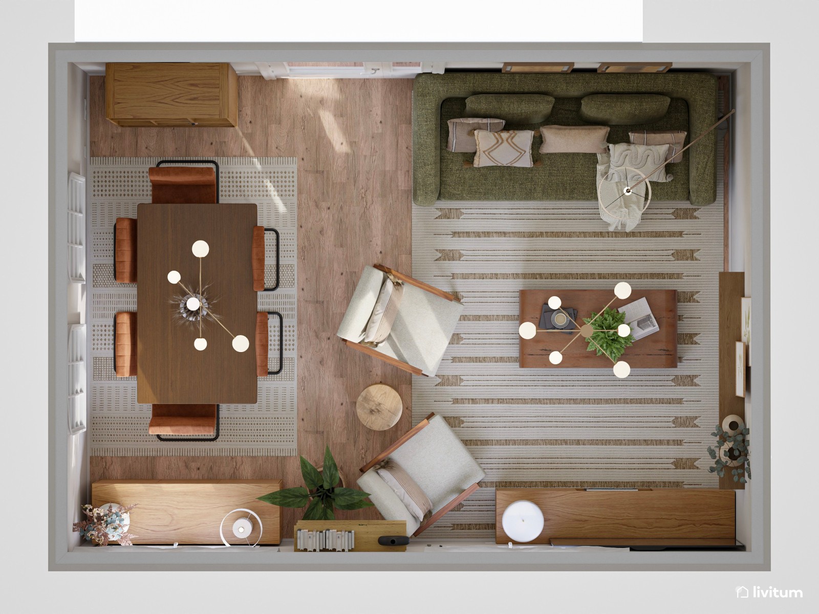 Salón amplio de inspiración natural y toques mid-century