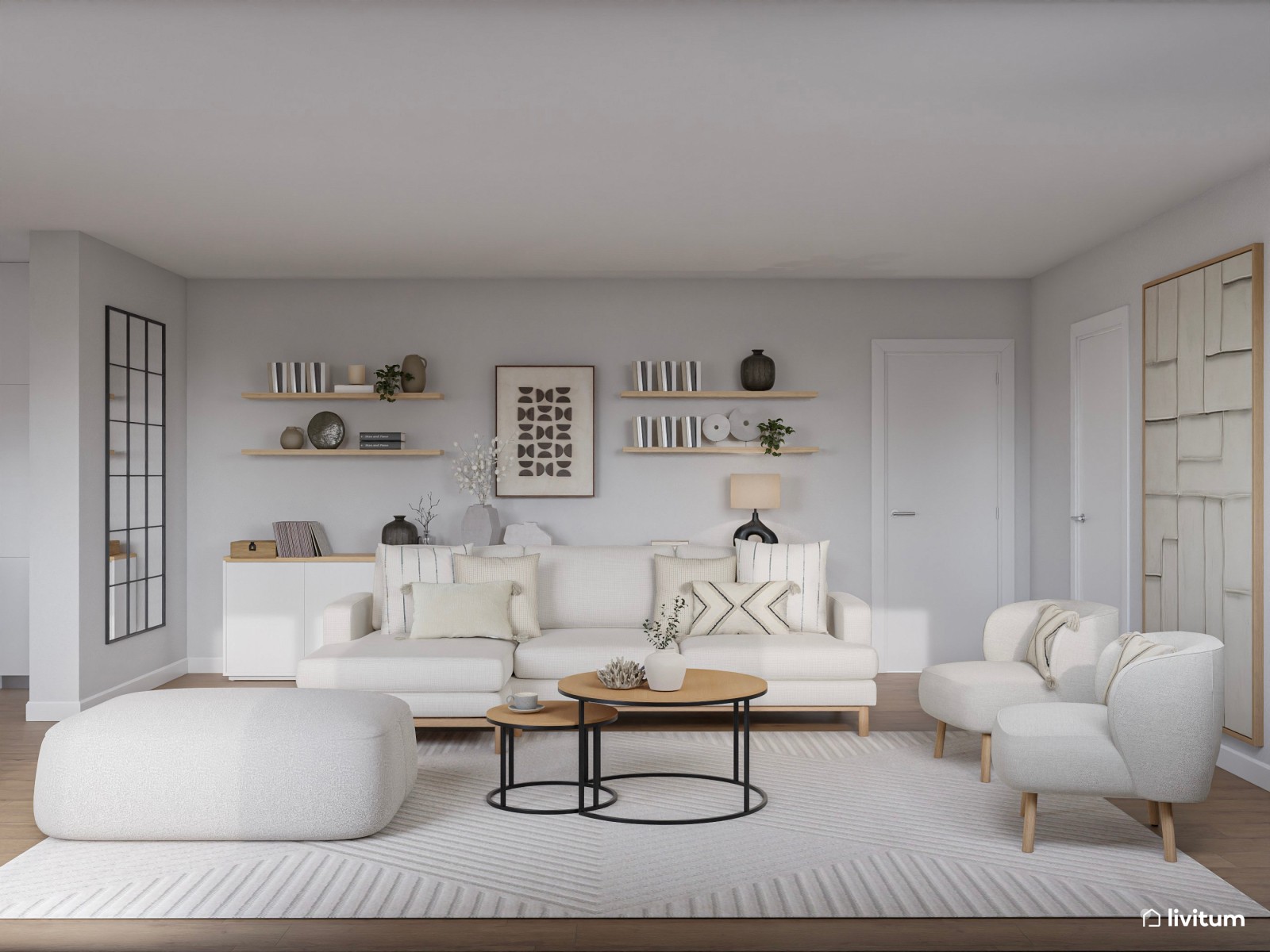 Salón amplio en blanco y madera, y listones en la pared de TV 