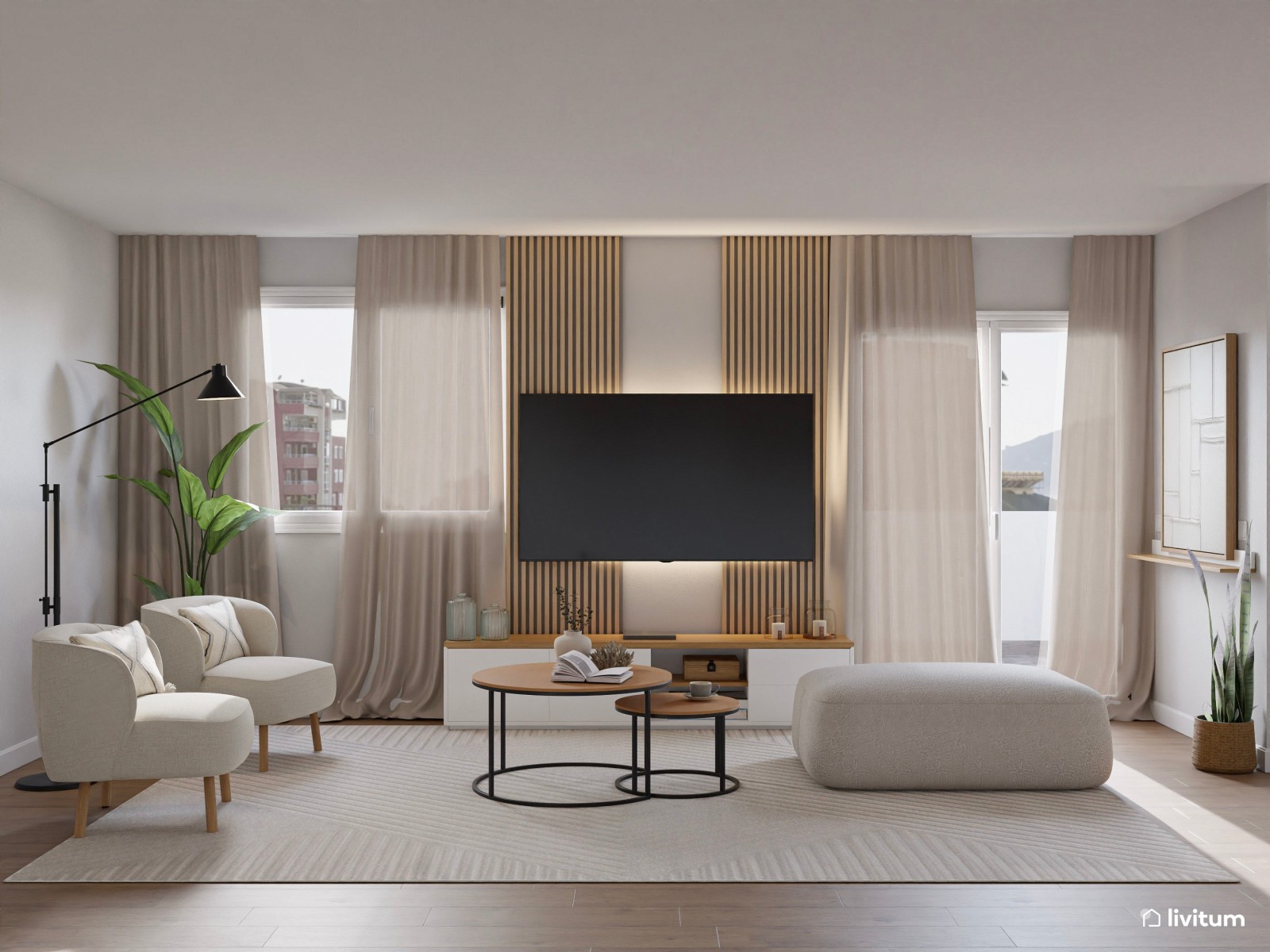 Salón amplio en blanco y madera, y listones en la pared de TV 