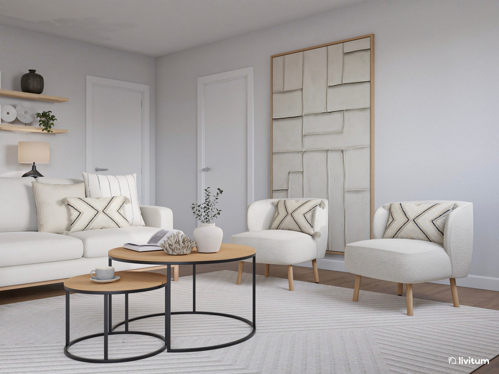 Salón amplio en blanco y madera, y listones en la pared de TV 