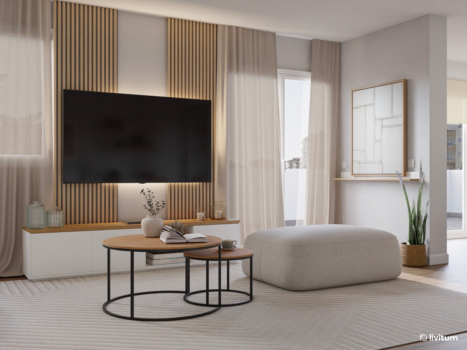 Salón amplio en blanco y madera, y listones en la pared de TV 