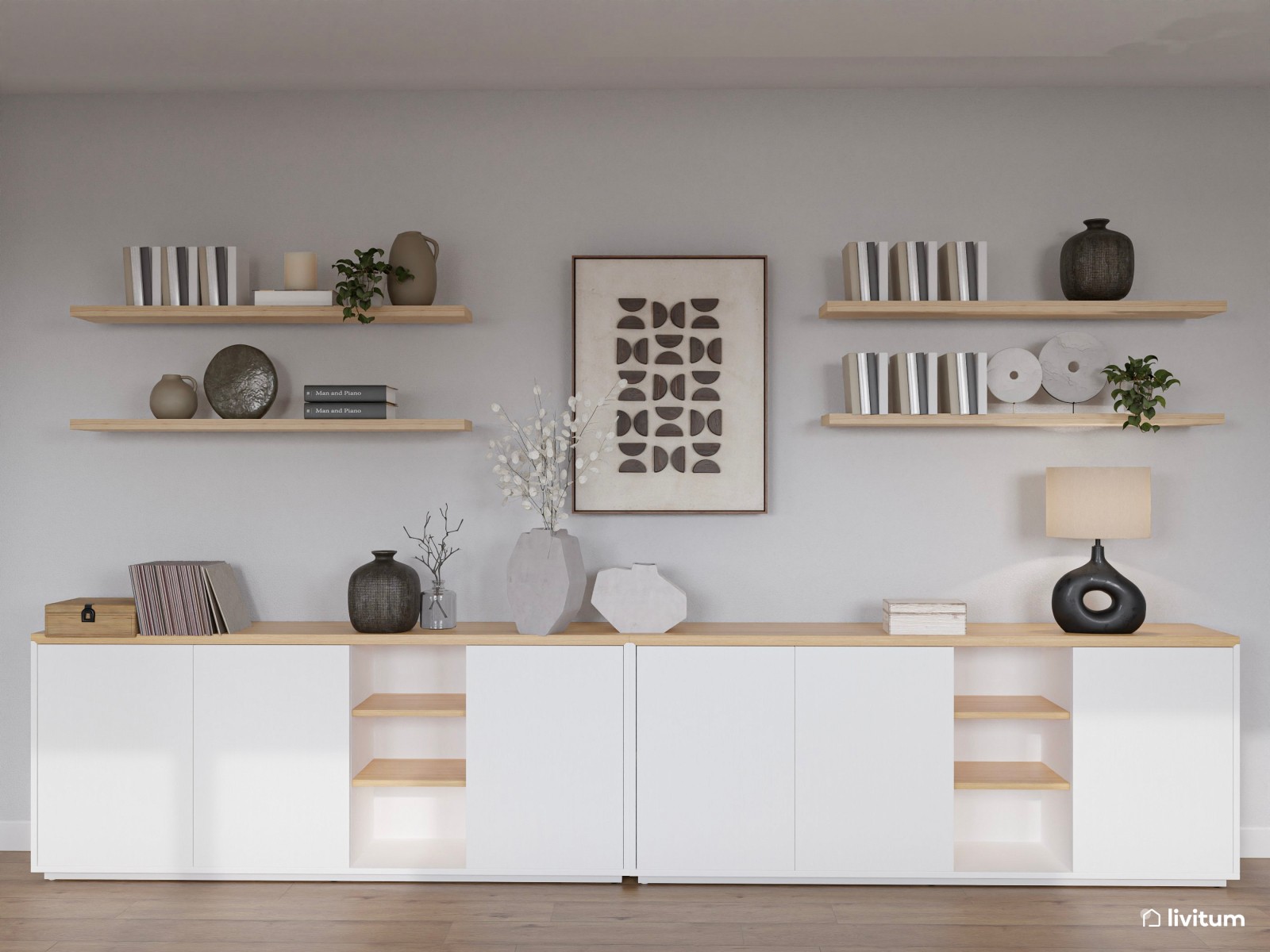 Salón amplio en blanco y madera, y listones en la pared de TV 