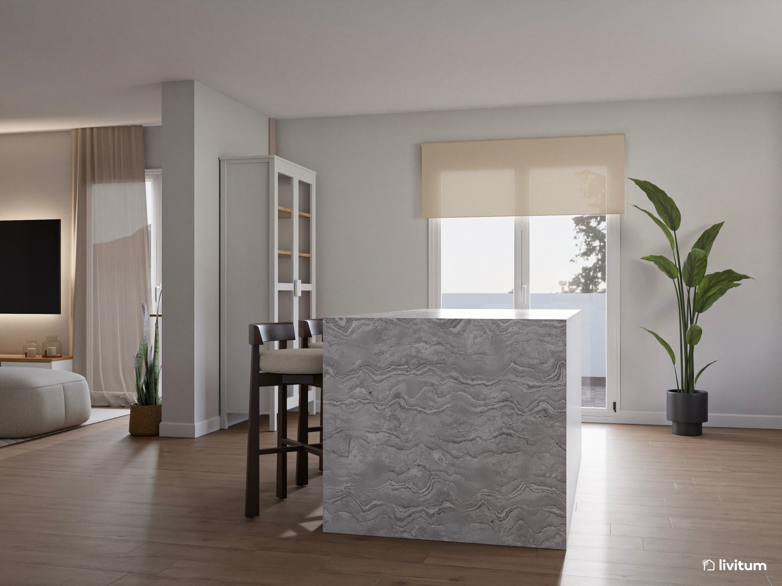 Salón amplio en blanco y madera, y listones en la pared de TV 