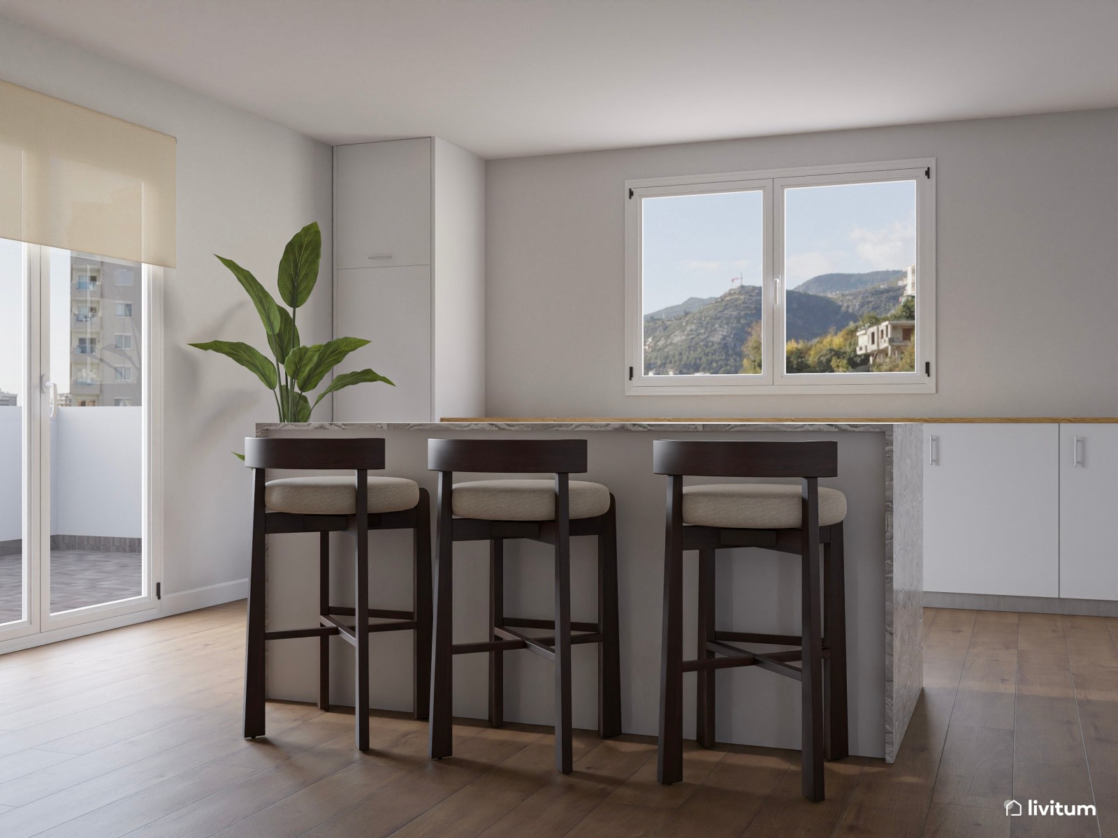 Salón amplio en blanco y madera, y listones en la pared de TV 