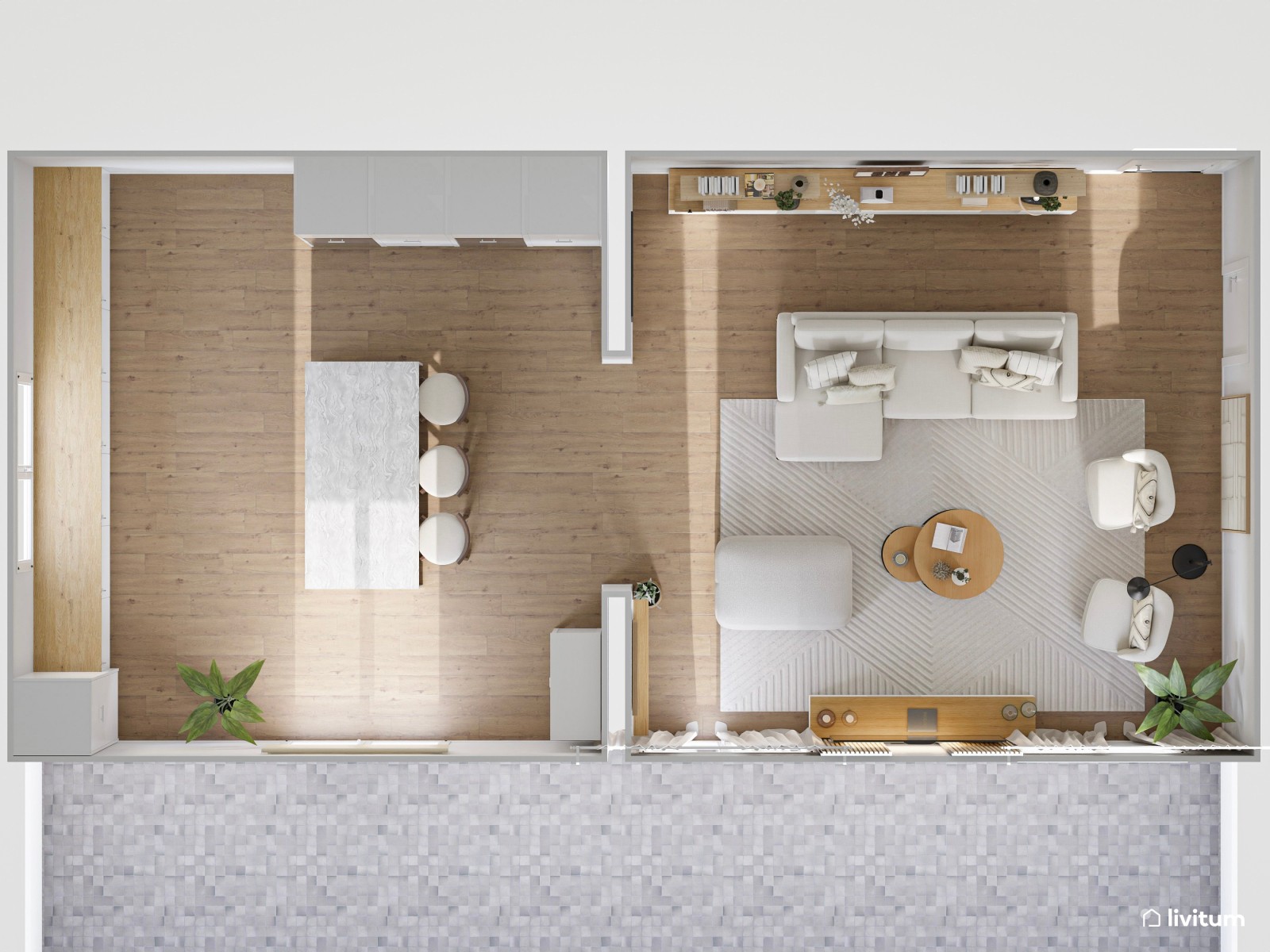 Salón amplio en blanco y madera, y listones en la pared de TV 