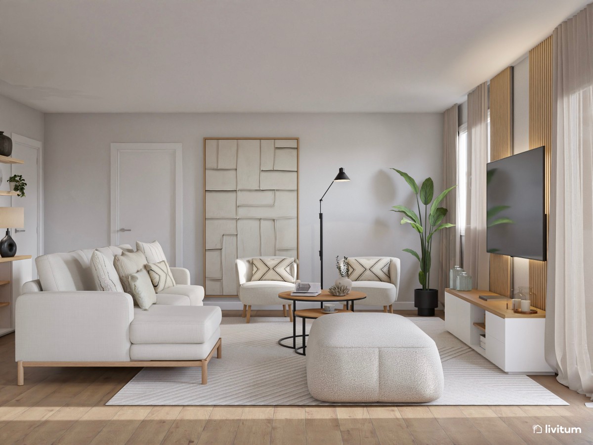 Salón amplio en blanco y madera, y listones en la pared de TV