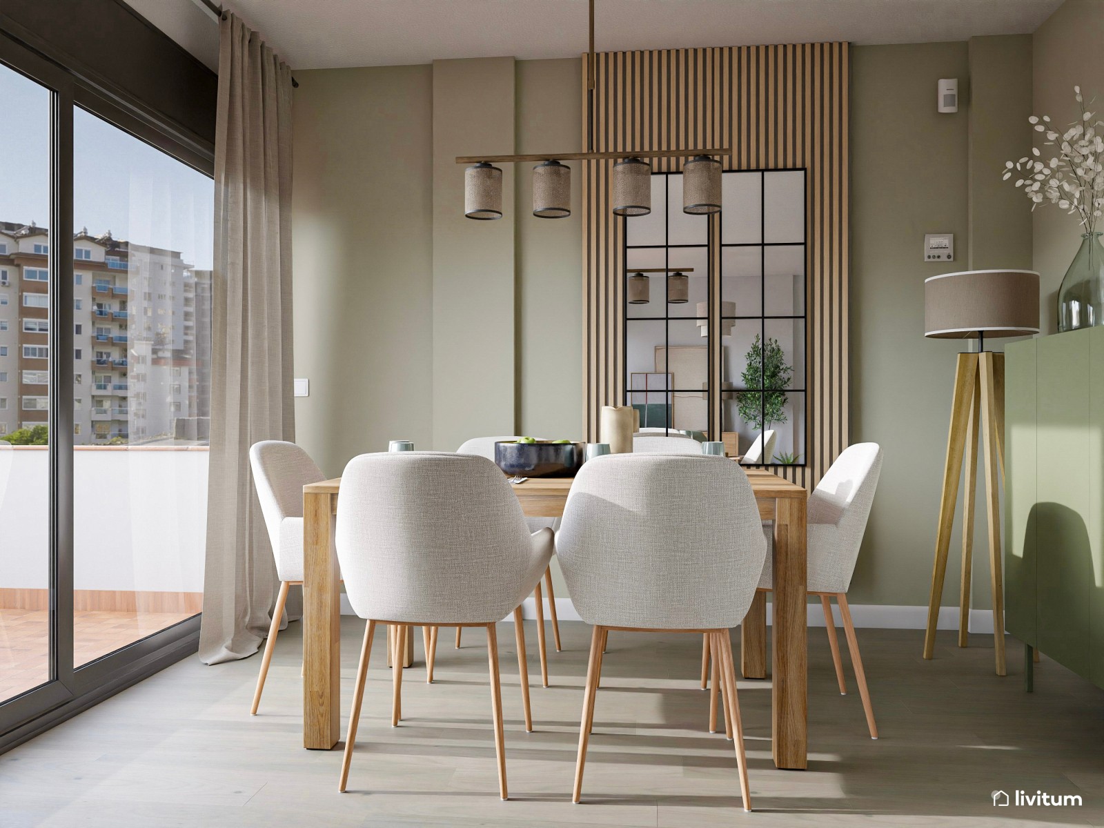 Salón amplio, fresco y luminoso decorado en verde claro